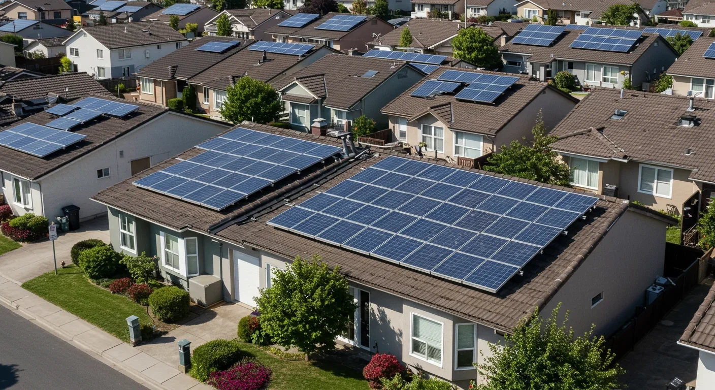 Rooftop solar panels installed on homes in suburban neighborhood for distributed energy