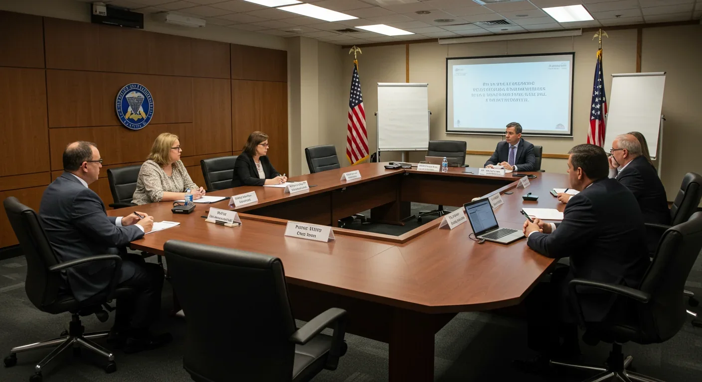 Public utility commission officials conducting meeting in professional governance setting