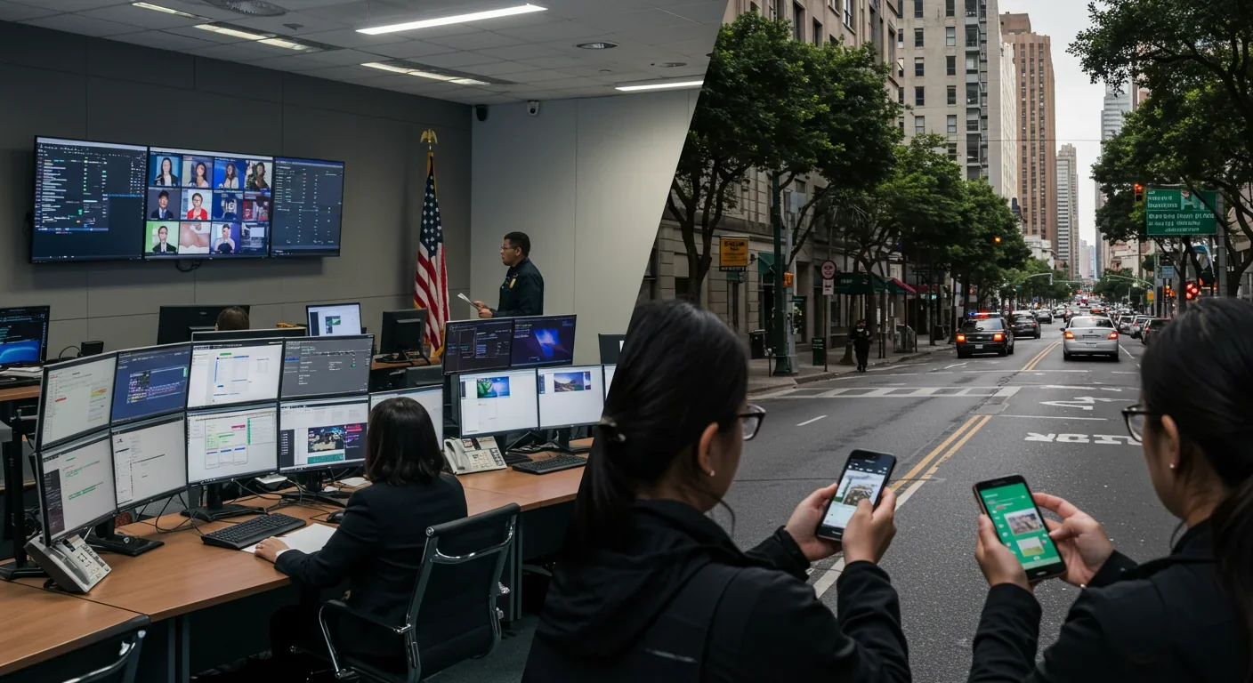 Emergency managers monitoring social media feeds while citizens report issues from the street