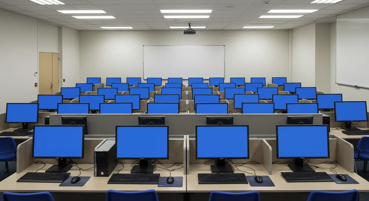 Empty school computer lab with rows of desktop computers at individual workstations