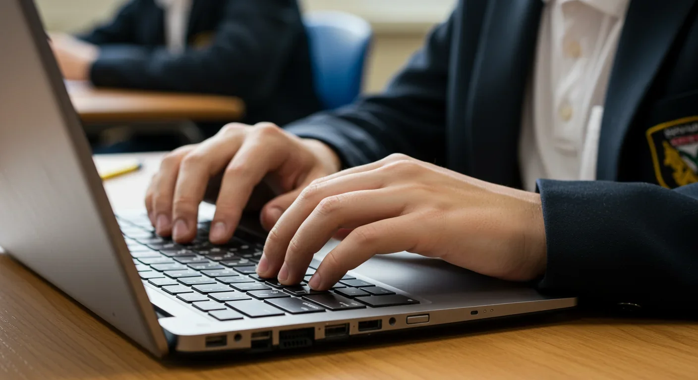 Close-up of student hands typing on laptop keyboard in educational setting
