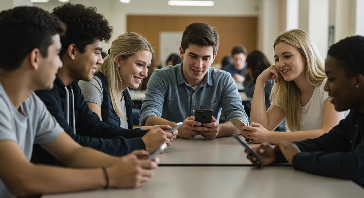 Group of diverse high school students socializing in school cafeteria with smartphones