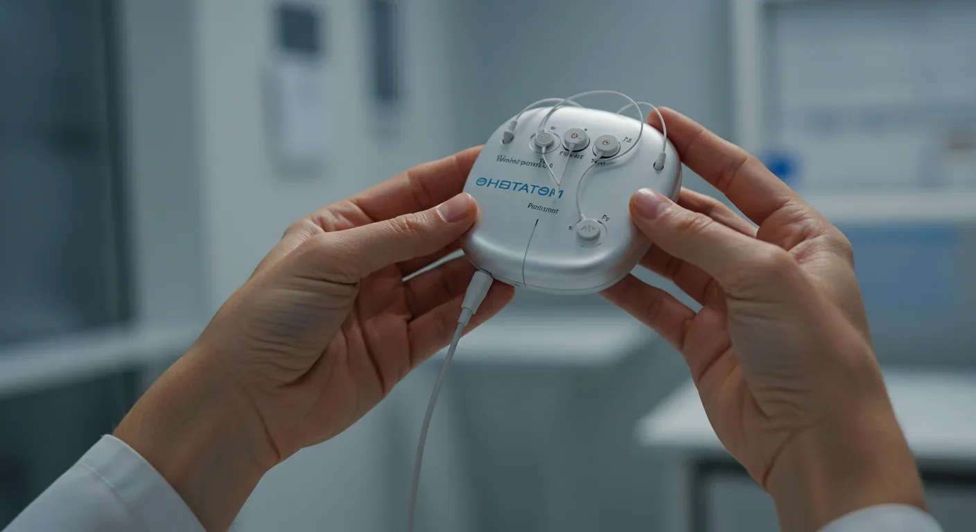 Medical professional holding advanced brain-computer interface device with visible electrodes