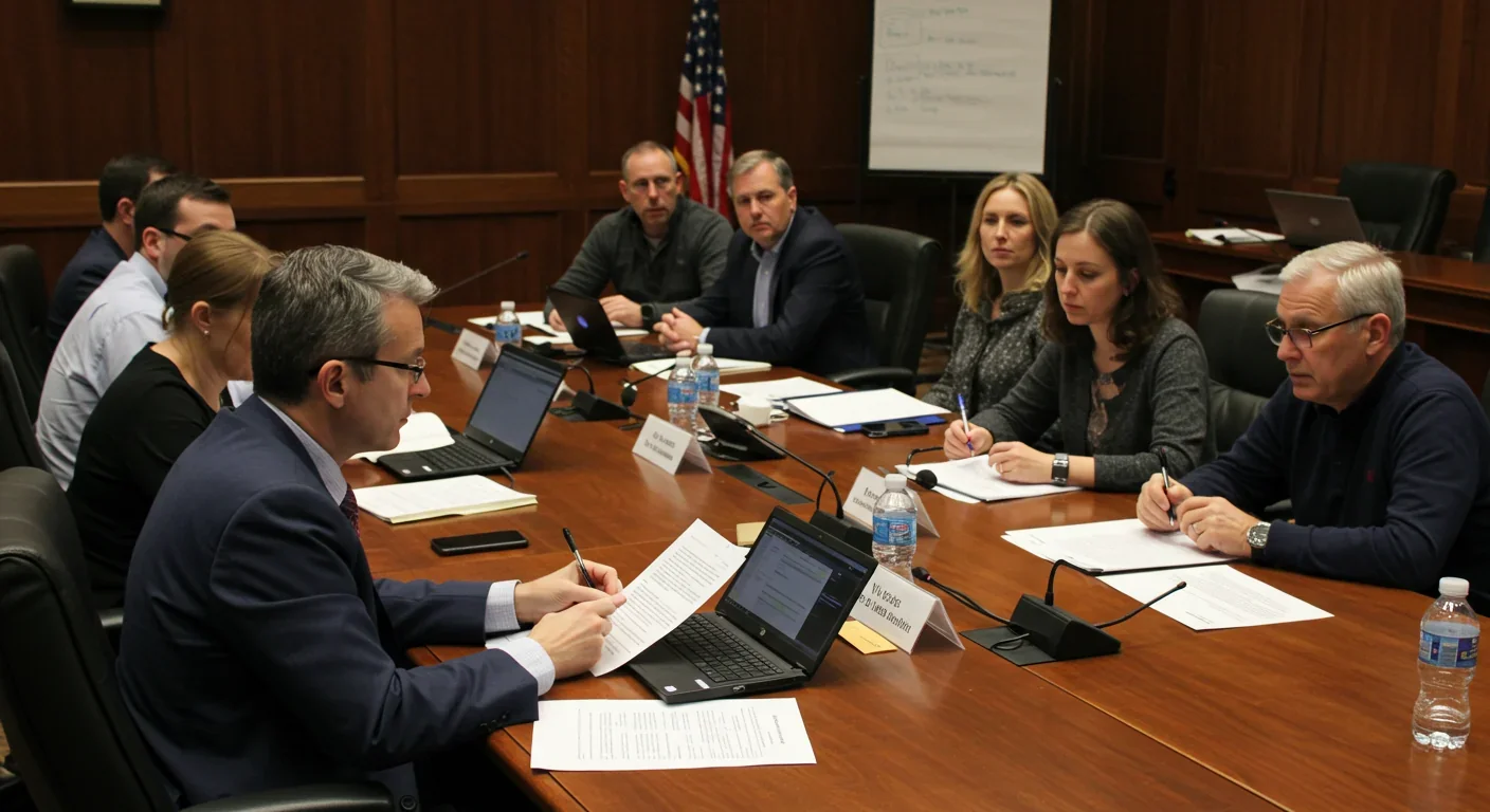 Policy advocates and lawmakers discussing cognitive liberty legislation at conference table