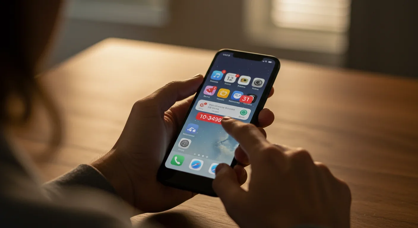 Hands holding smartphone displaying multiple app notifications and badges on screen