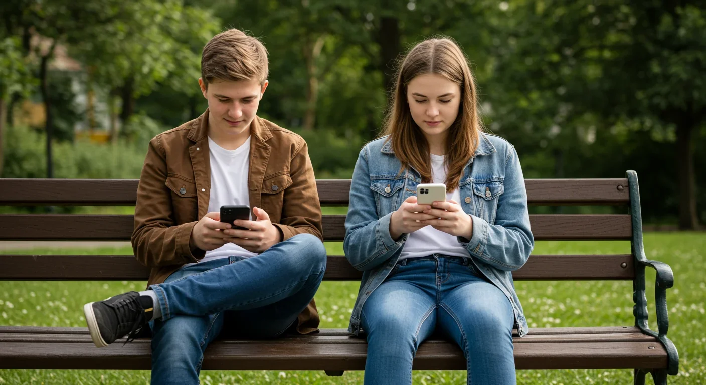 Two teenagers together on bench but individually focused on smartphones rather than each other