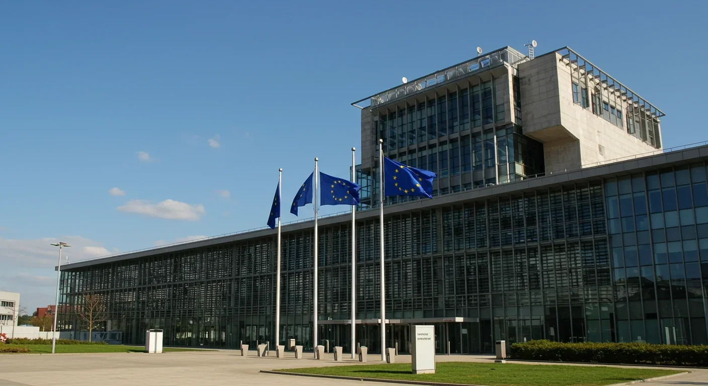 Modern European Union government building with EU flag representing digital regulatory authority