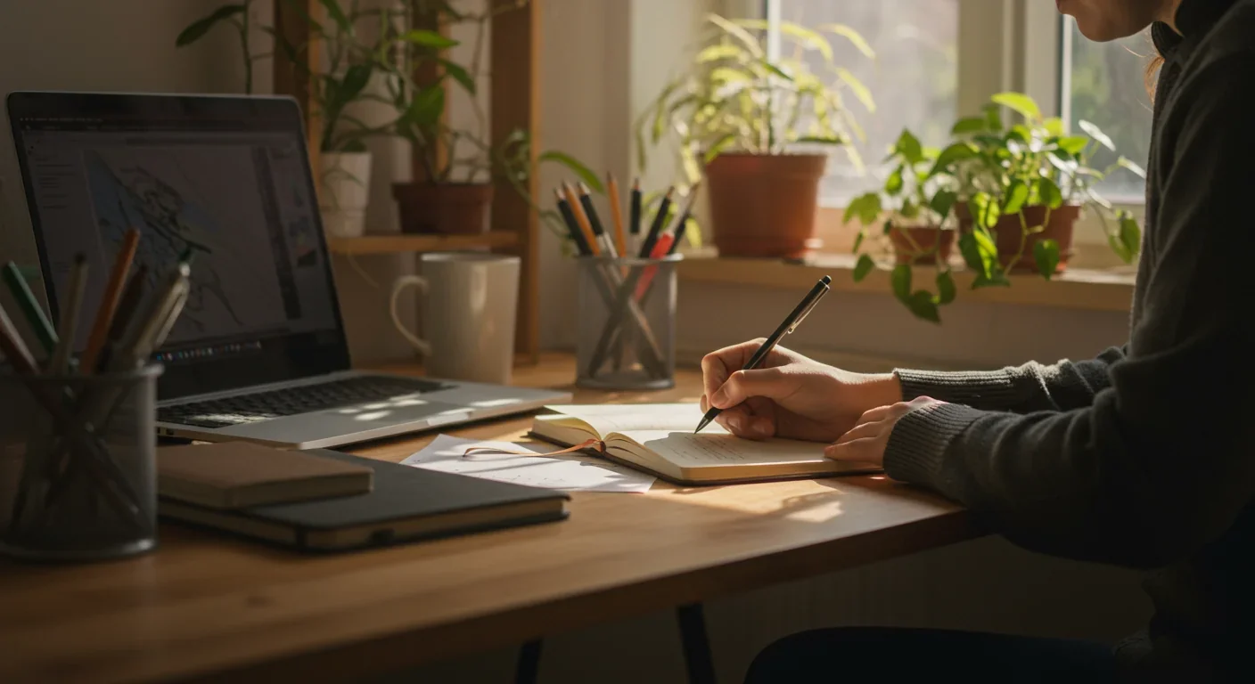 Person engaged in focused journal writing at peaceful organized home office workspace