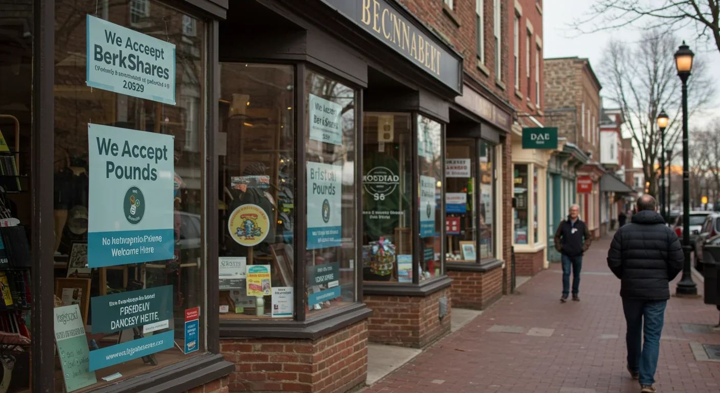Main street shops displaying signs accepting local community currencies like BerkShares