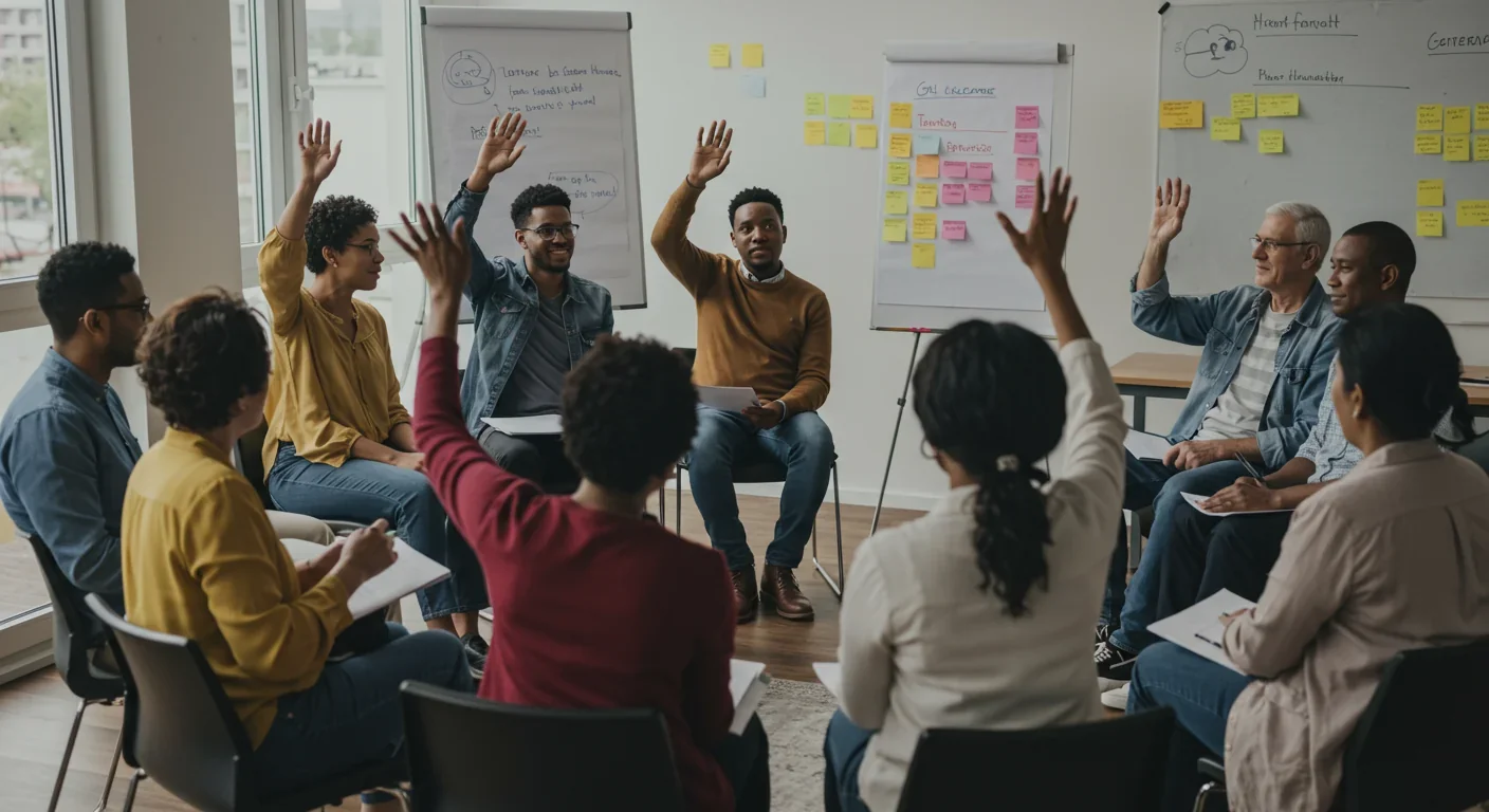 Community land trust residents meeting to discuss neighborhood housing policies and future development