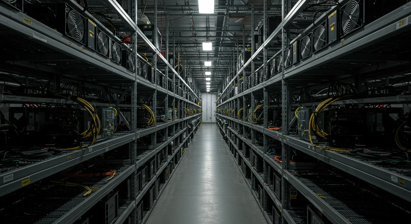 Large cryptocurrency mining facility with rows of Bitcoin mining equipment and cooling systems