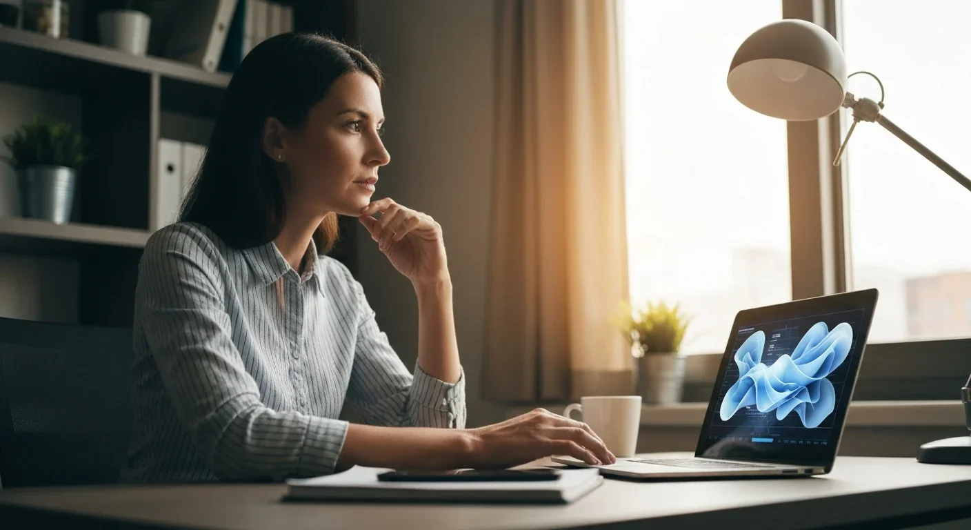Woman at desk thoughtfully viewing data visualizations on laptop screen in modern office