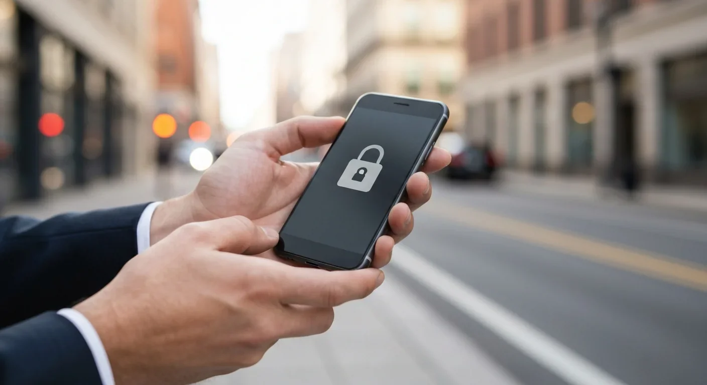 Close-up of hands holding smartphone showing lock icon with blurred city background