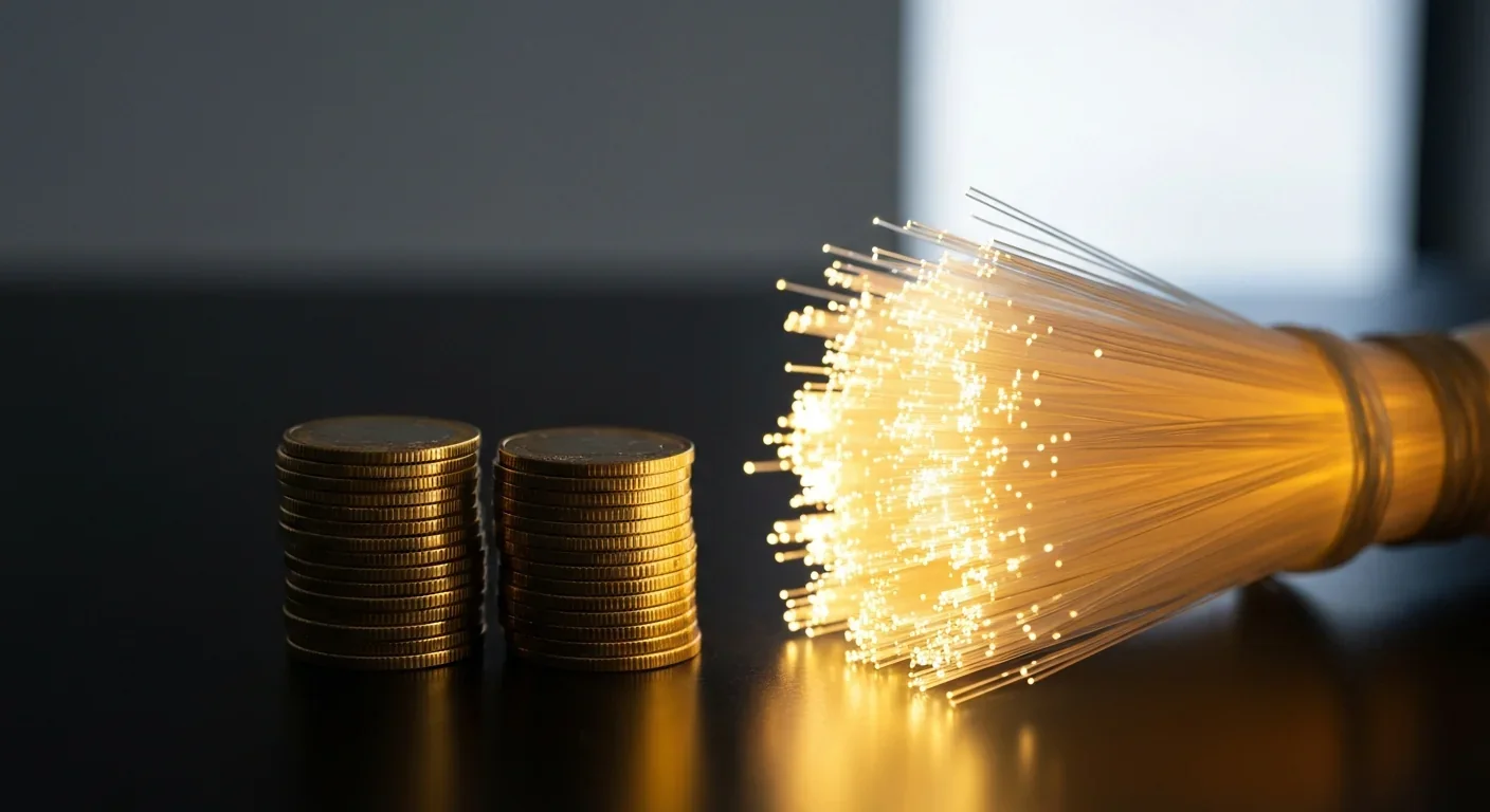 Gold coins stacked beside glowing fiber optic cables symbolizing the value of digital data