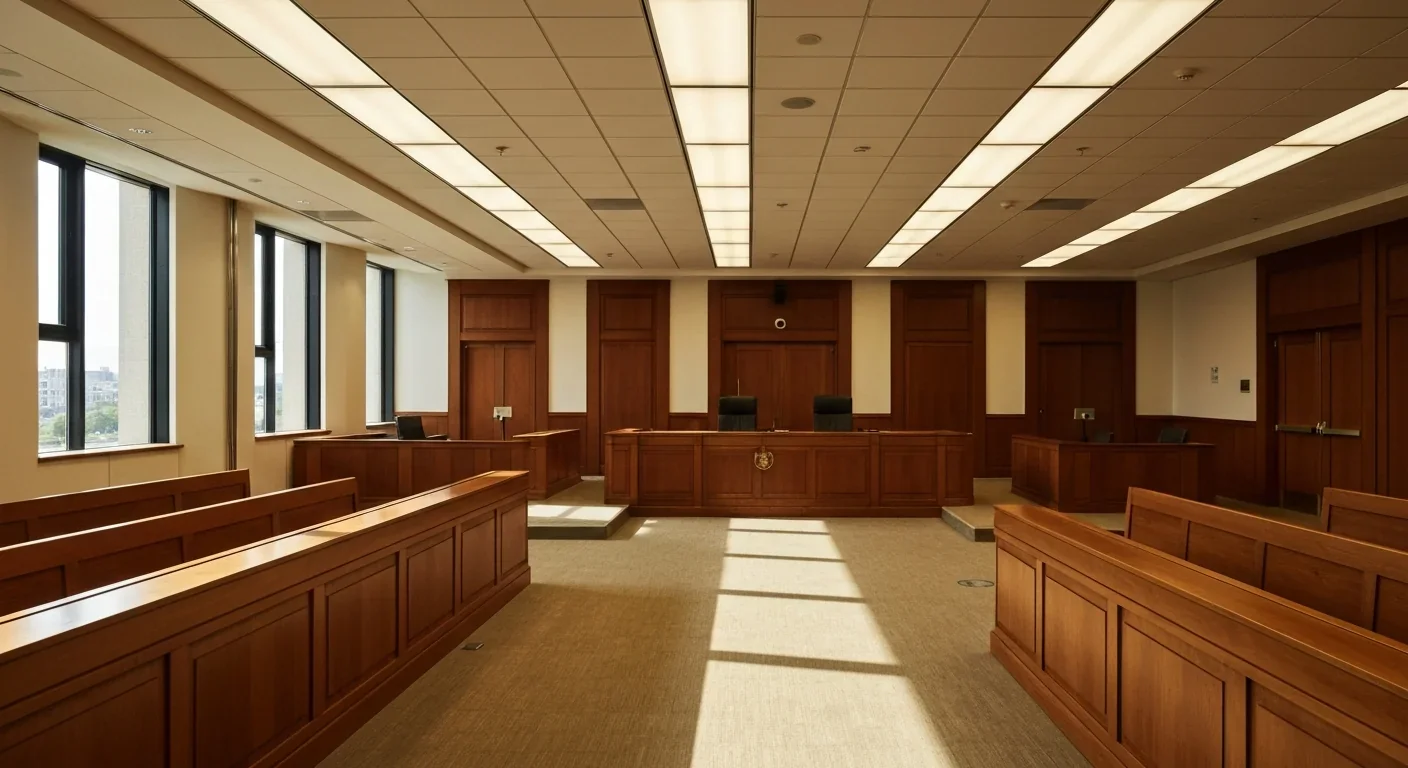 Empty courtroom interior with wooden benches and judge's bench under warm lighting