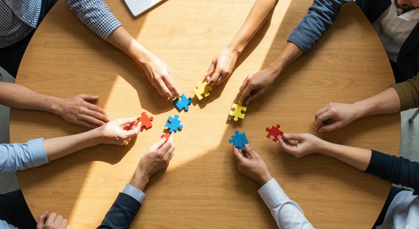 Overhead view of adult hands placing colorful puzzle pieces together on a round table