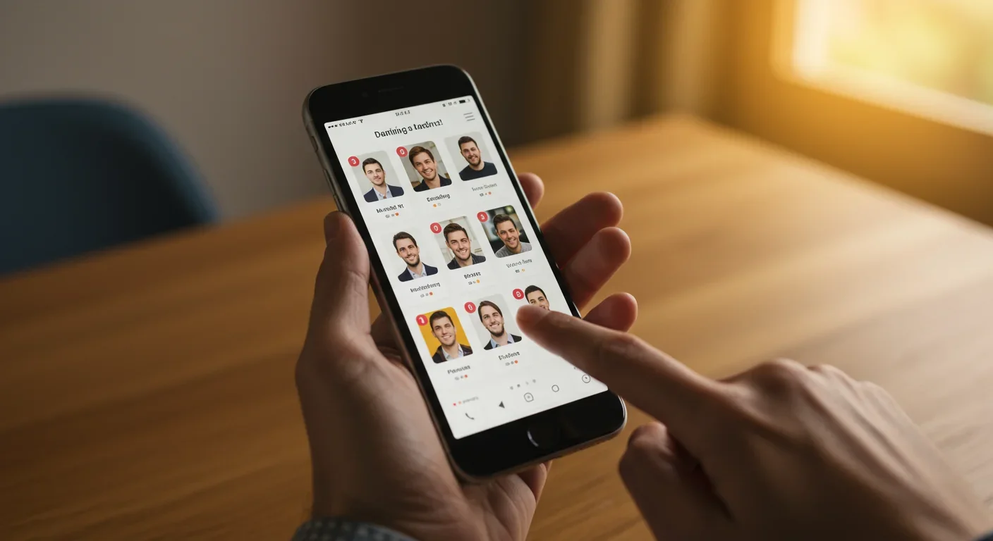 Close-up of person swiping through dating app profiles on smartphone