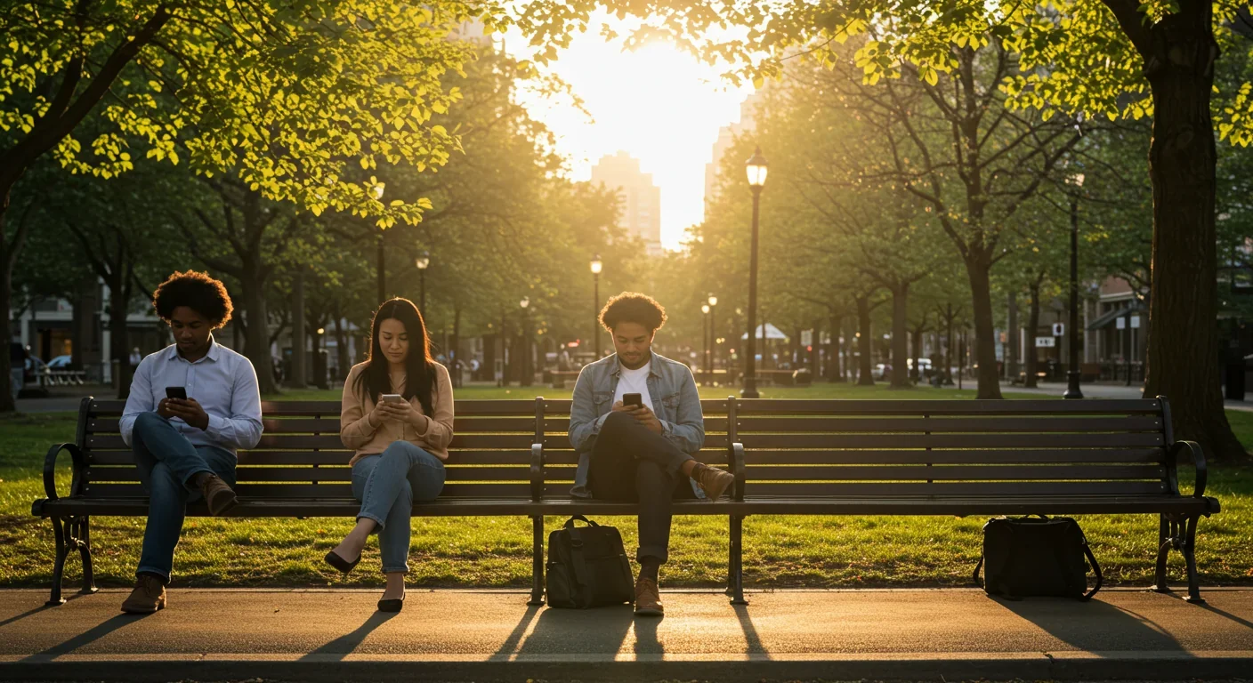 People sitting alone on benches absorbed in their phones despite being near each other