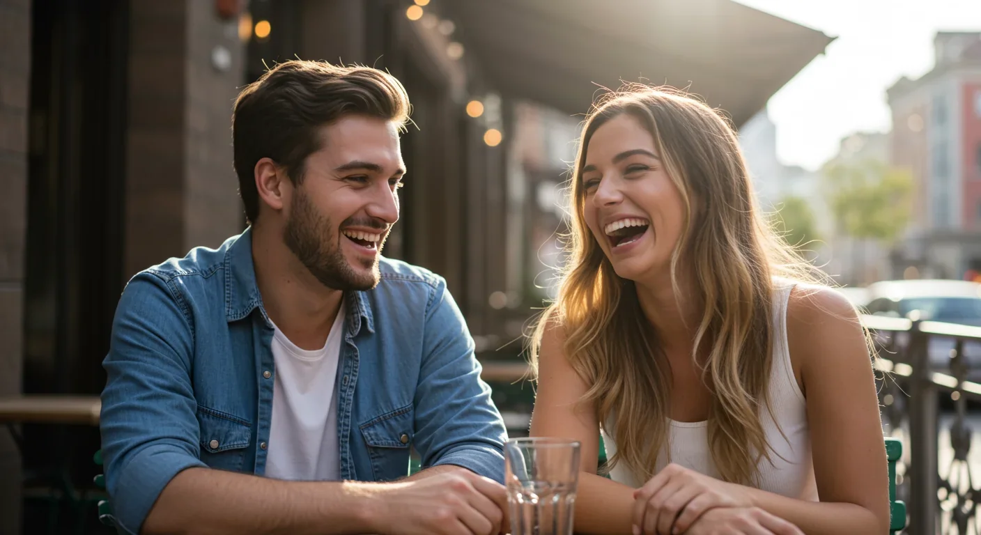 Happy couple enjoying genuine face-to-face conversation at outdoor cafe