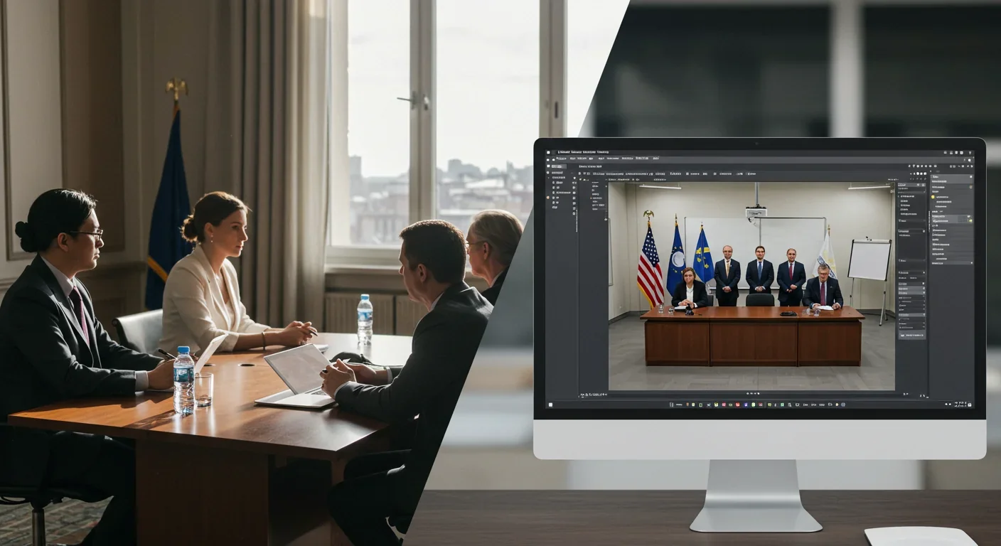 Side-by-side comparison of authentic press conference and AI deepfake generation software
