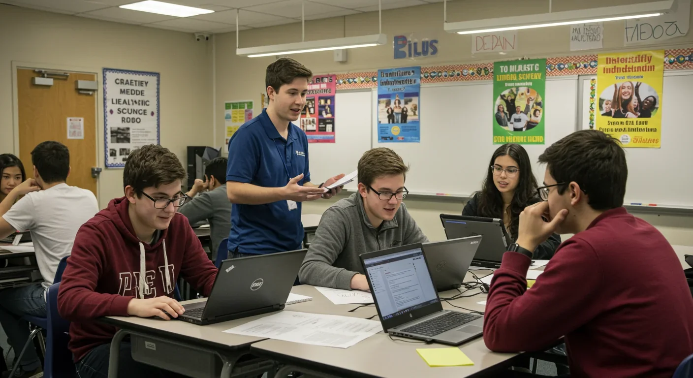 Diverse students in classroom learning media literacy skills and examining digital content on tablets