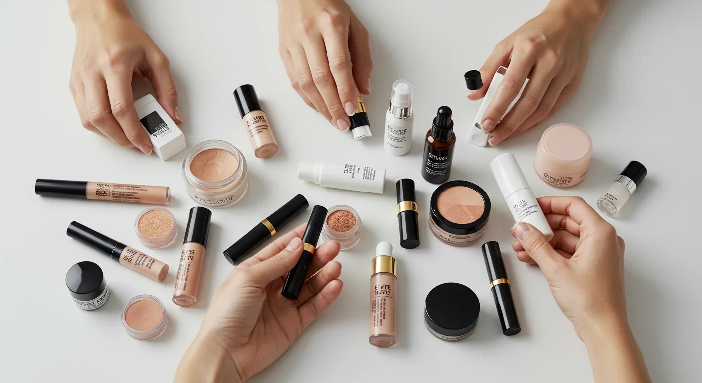Hands sorting through beauty and makeup products, demonstrating selective product choices