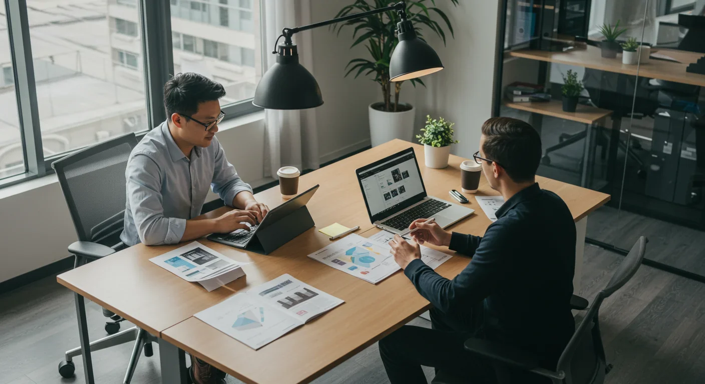 Professional business meeting discussing brand partnership strategy in modern office