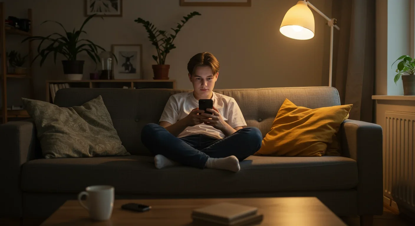 Person thoughtfully browsing social media content on smartphone in comfortable home setting