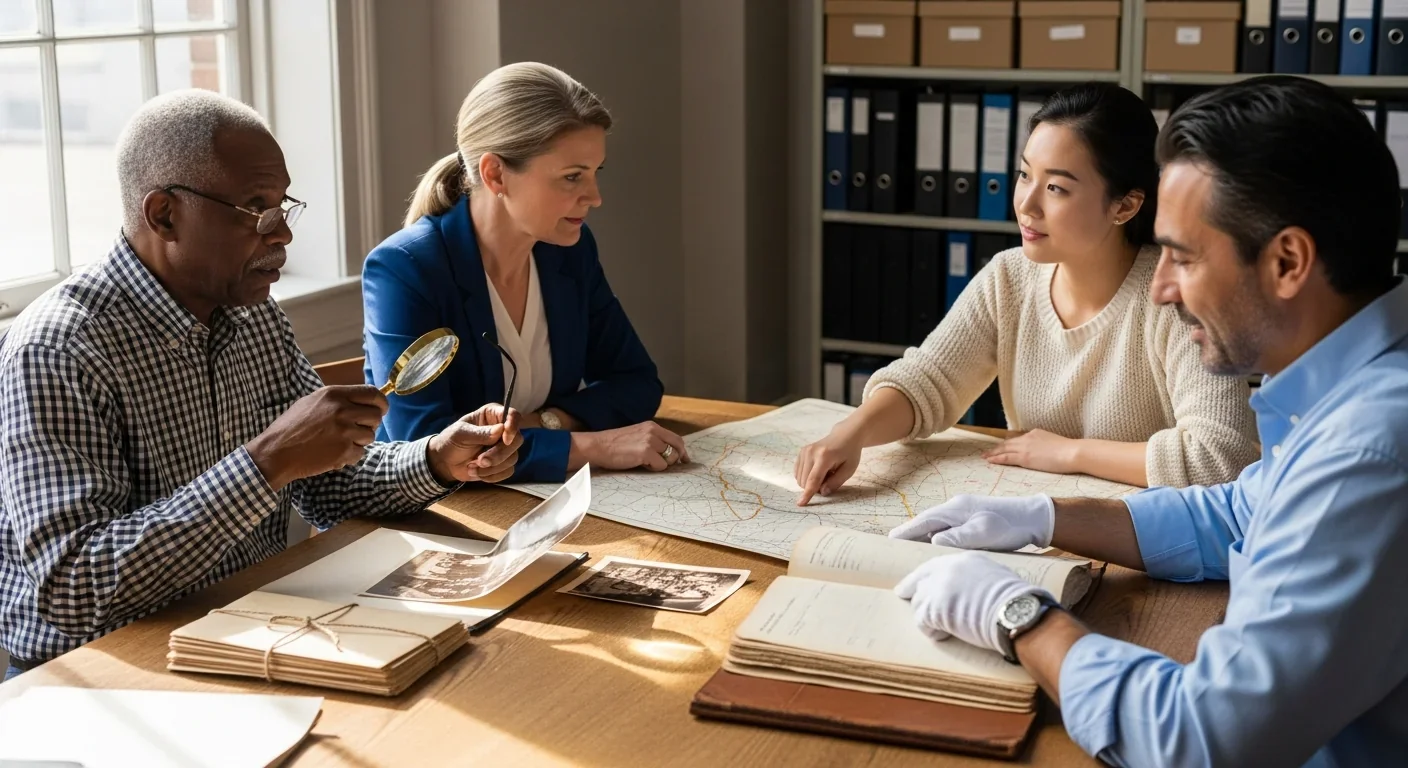 Community archivists collaborating on historical preservation project with documents and photographs