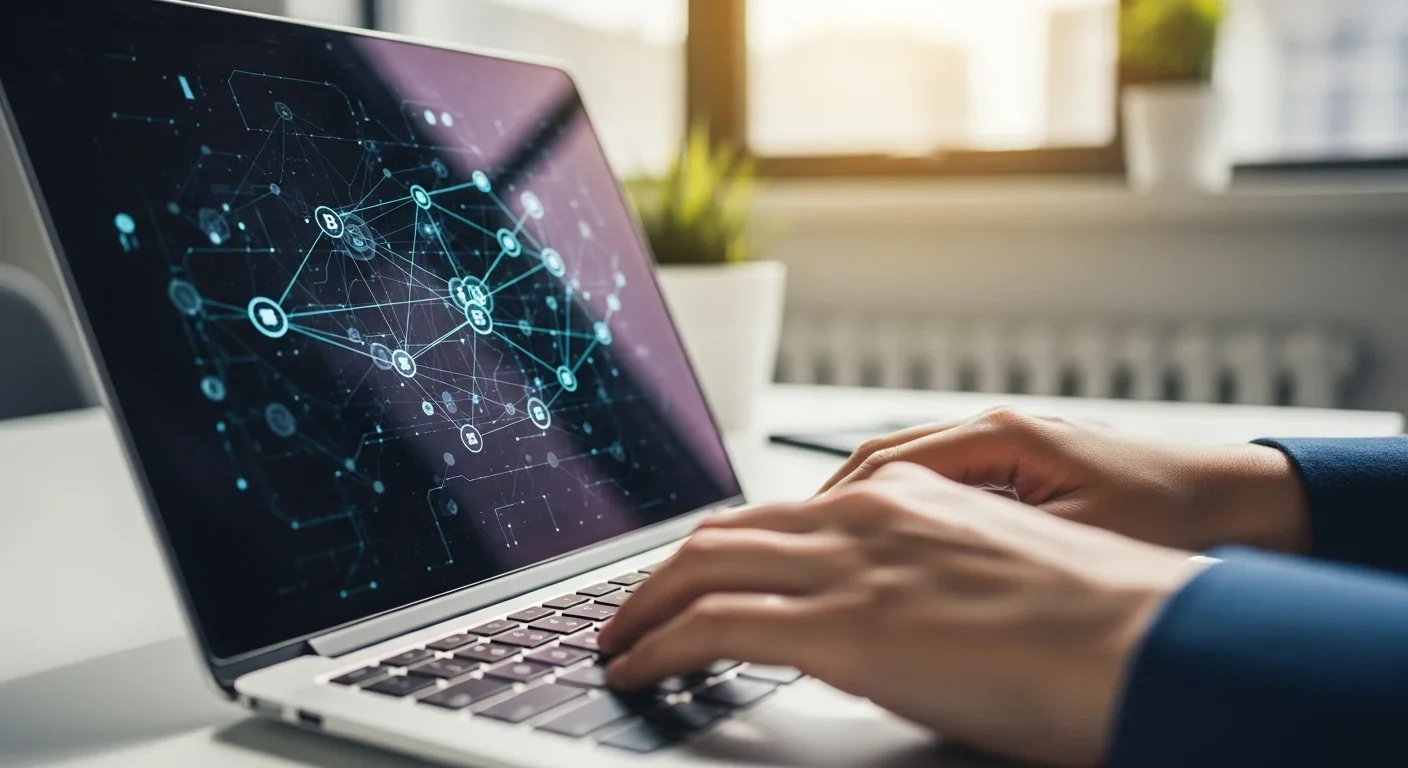 Person working with blockchain technology for decentralized historical data preservation