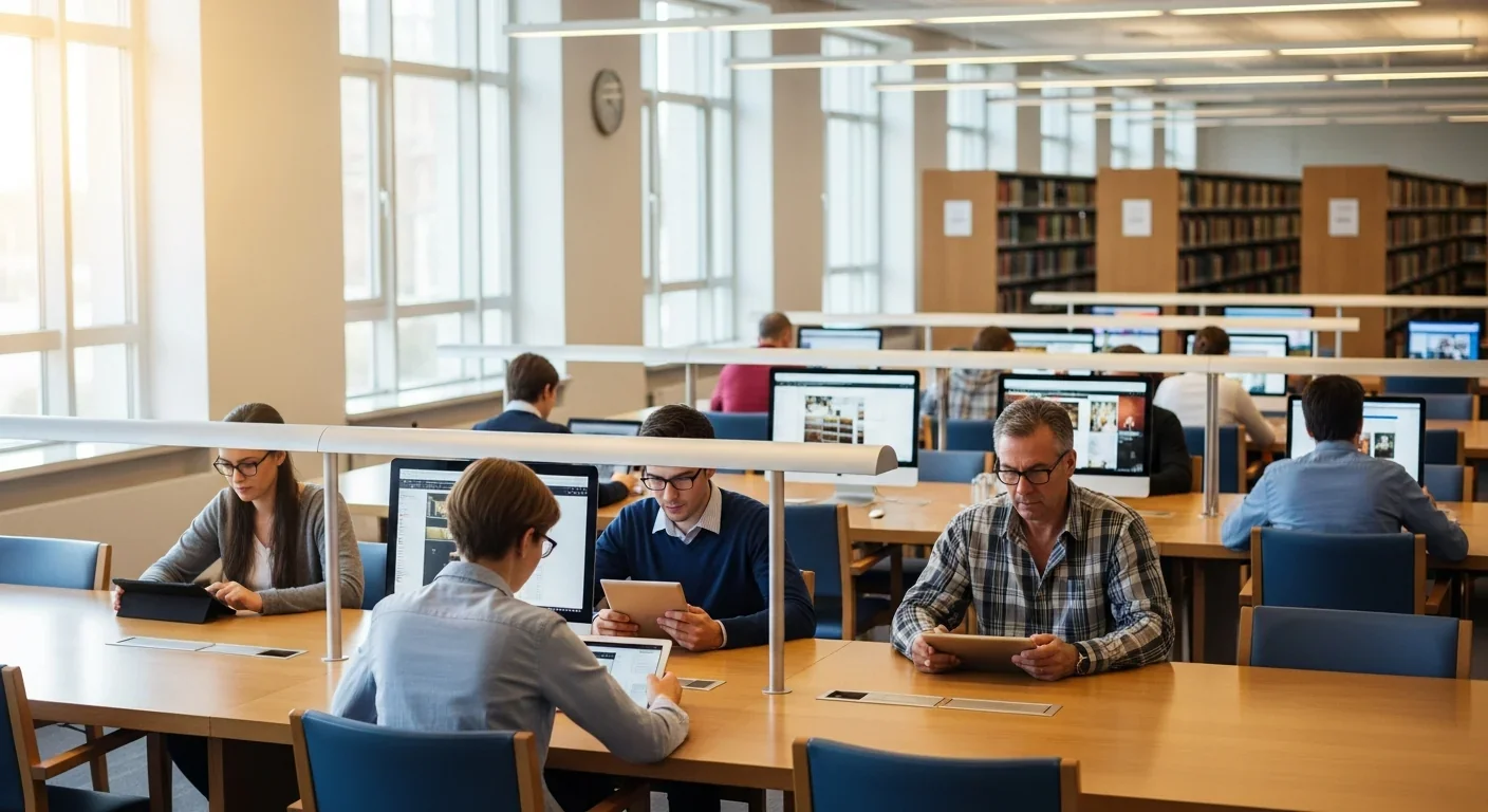 People accessing digital historical archives at public library computer stations