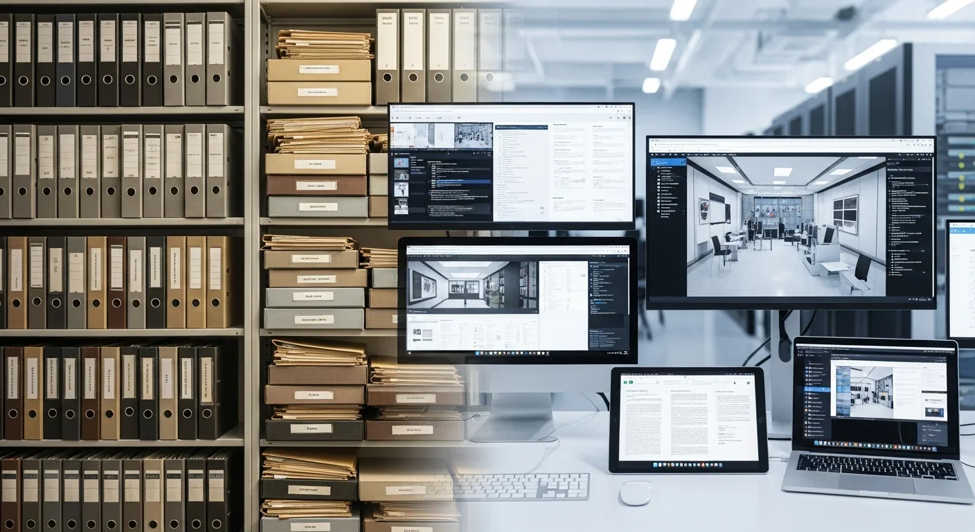 Traditional archive storage transitioning to digital systems showing evolution of historical preservation