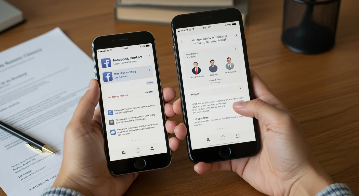 Smartphone displaying Facebook Legacy Contact and Apple Digital Legacy configuration screens