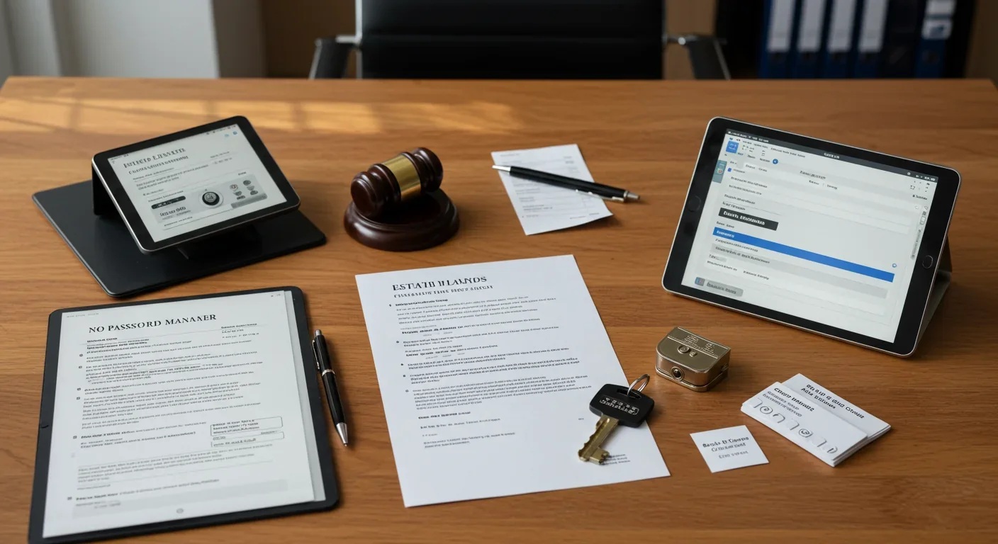 Estate planning desk with digital asset inventory, password manager, and security documents organized