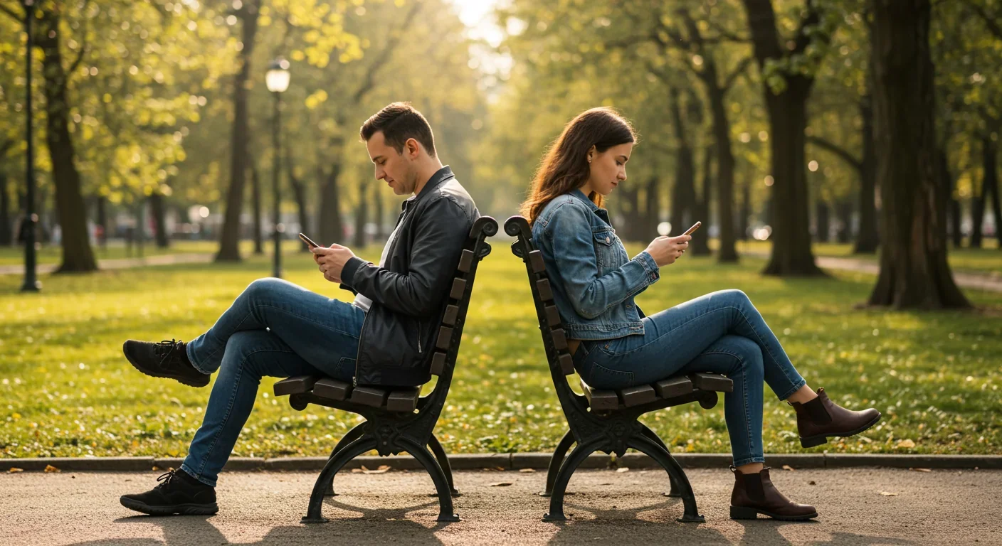 Group of young adults sitting together but isolated by smartphones, illustrating digital disconnection