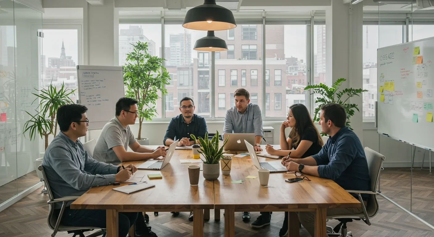 Diverse remote workers collaborating in modern coworking space with city views