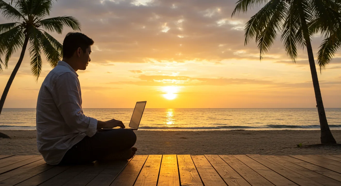 Remote worker using laptop on tropical beach deck at sunset