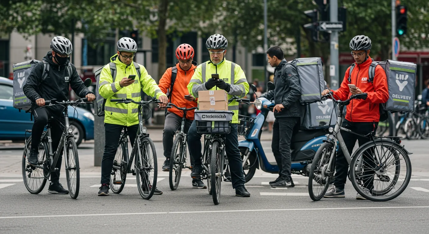 Delivery workers waiting at intersection checking apps showing platform labor competition and precarity