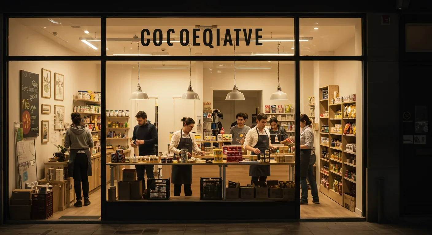 Worker cooperative storefront with members collaborating inside showing democratic workplace alternative