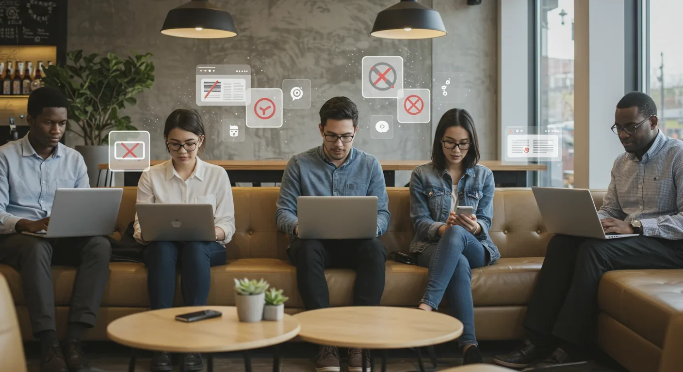 People in café experiencing different levels of internet access due to regional digital sovereignty policies
