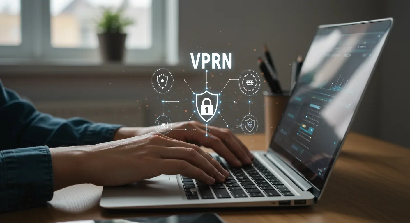 Person using VPN software on laptop for secure internet access and privacy protection at home