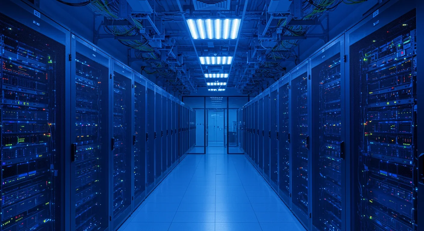Modern data center with illuminated server racks and fiber optic infrastructure representing sovereign digital infrastructure