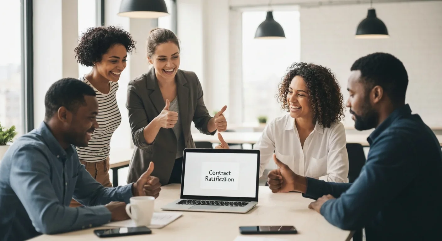 Workers celebrating successful contract ratification through digital union organizing