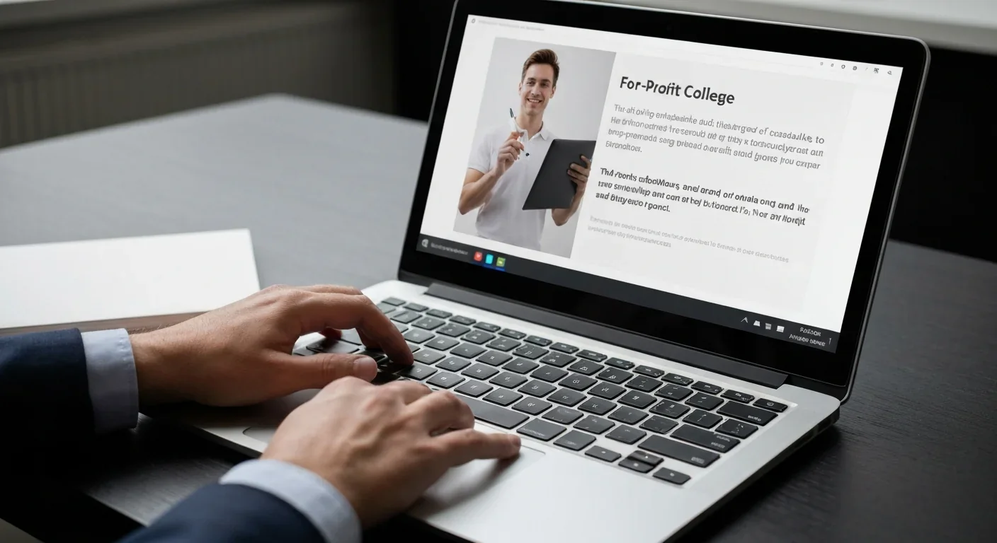 Laptop screen displaying for-profit college advertisement with promises of career advancement