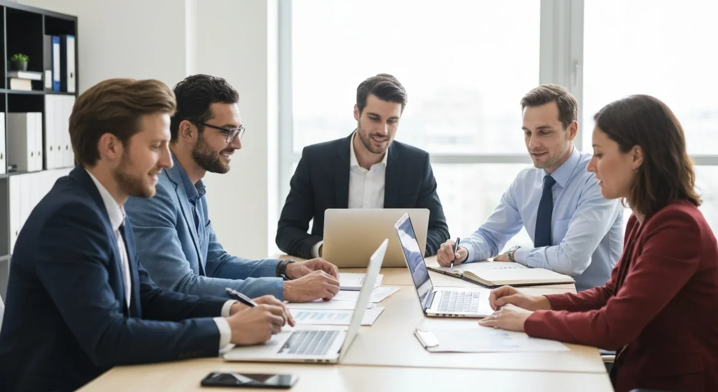 Diverse team of professionals collaborating in modern office environment