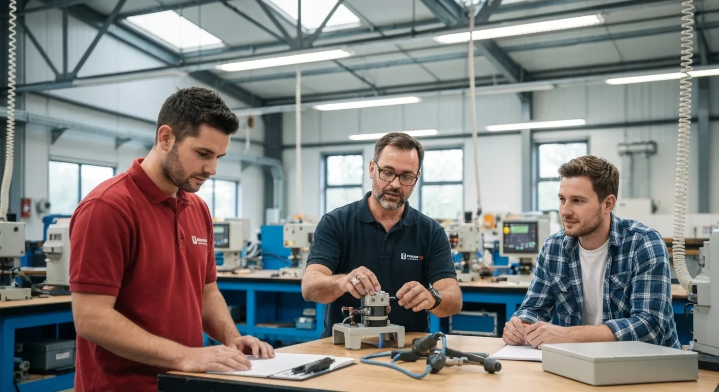 Vocational instructor teaching technical skills to adult students in workshop setting