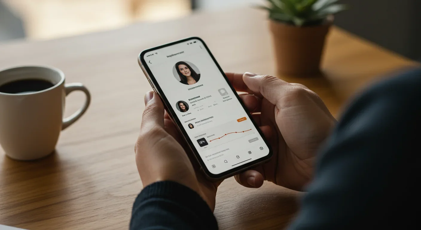 Close-up of hands holding smartphone showing social media influencer profile