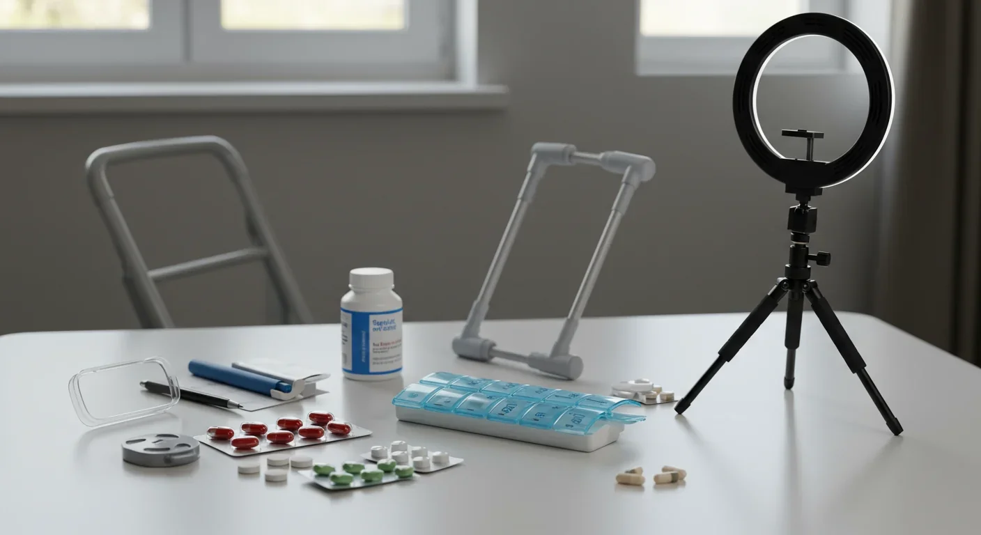 Medical supplies and content creation equipment side by side on table