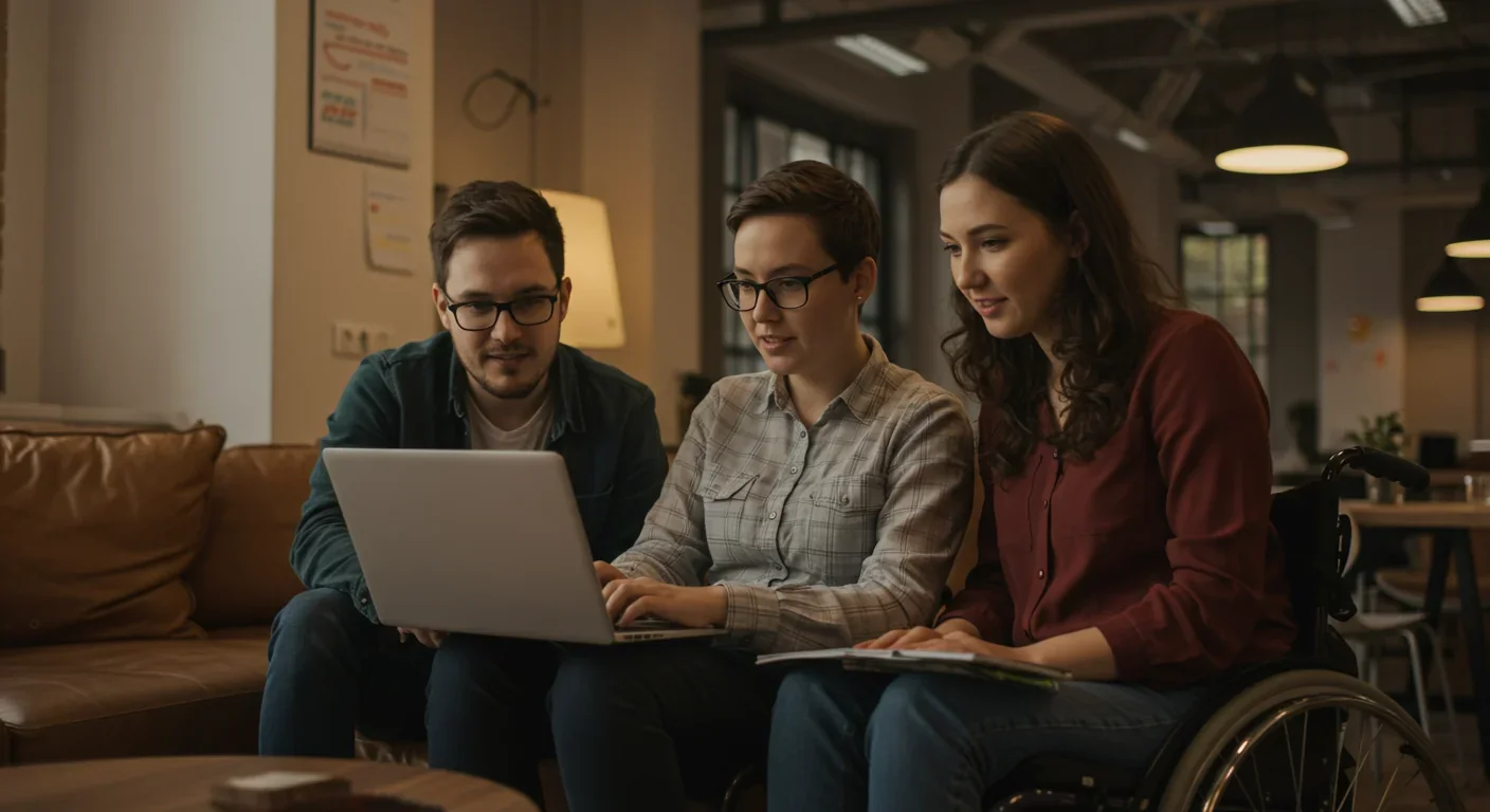 Diverse group including disabled individuals collaborating on laptop project