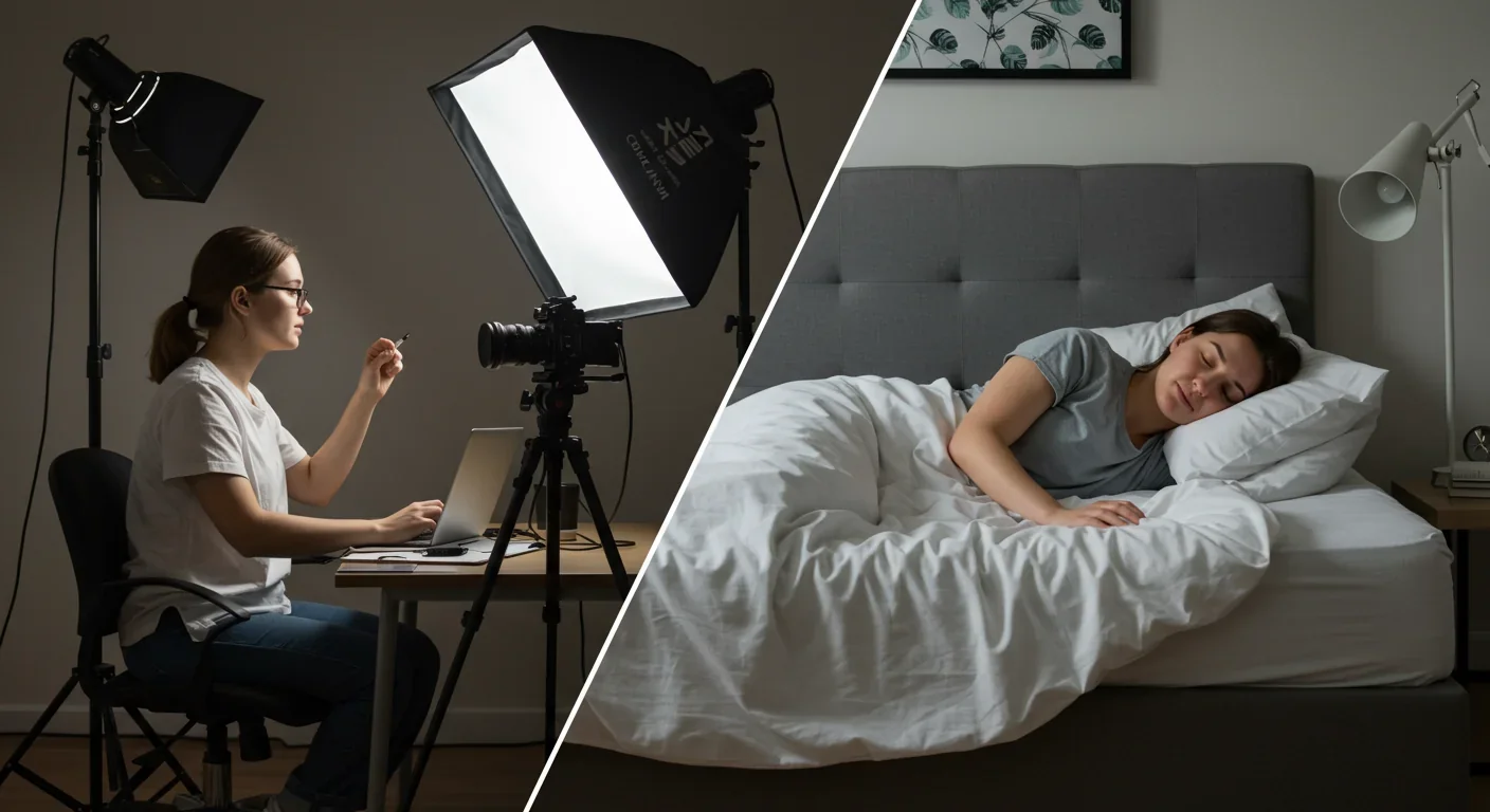 Split image showing influencer filming content versus resting due to chronic illness fatigue